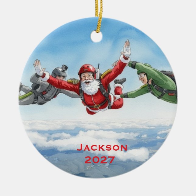 Personlig Santa Skydiving Julgransprydnad Keramik (Framsidan)