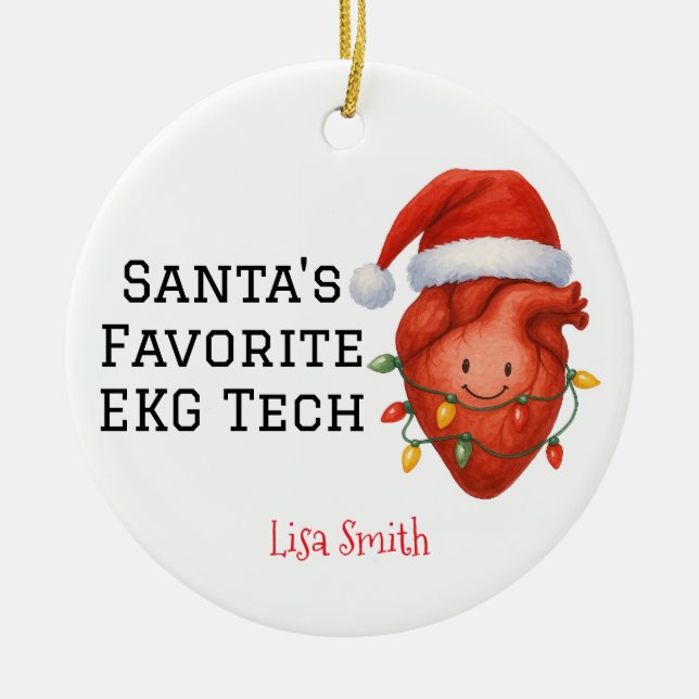 Personlig Santa's EKG Tech Julgransprydnad Keramik (Framsidan)