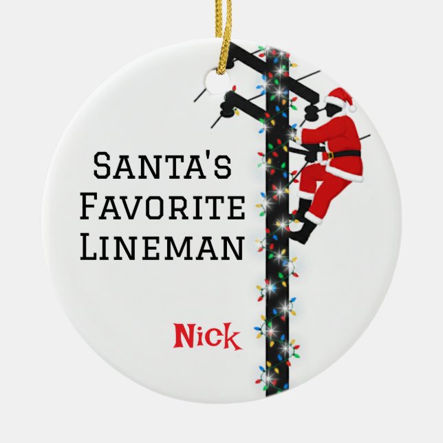 Personlig Santa's Favorite Lineman Julgransprydnad Keramik (Framsidan)