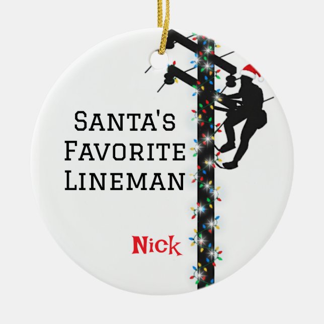 Personlig Santa's Favorite Lineman Julgransprydnad Keramik (Framsidan)
