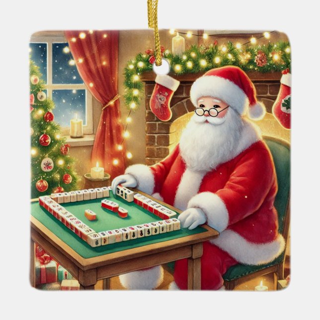 Personlig Santa's Favorite Mahjong Player Julgransprydnad Keramik (Framsida)