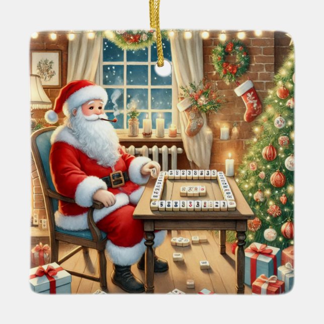 Personlig Santa's Favorite Mahjong Player Julgransprydnad Keramik (Framsida)