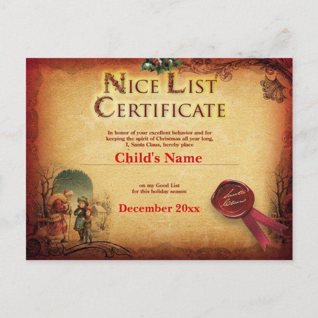 Personlig Santa's Nice List Certificate Vykort (Framsida)