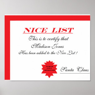 Personlig Santa's Nice List-certifikat Poster