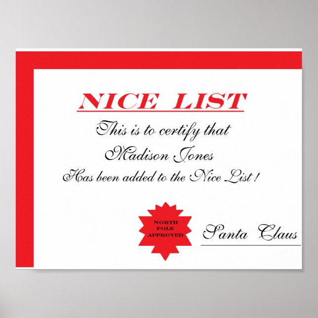 Personlig Santa's Nice List-certifikat Poster (Framsidan)