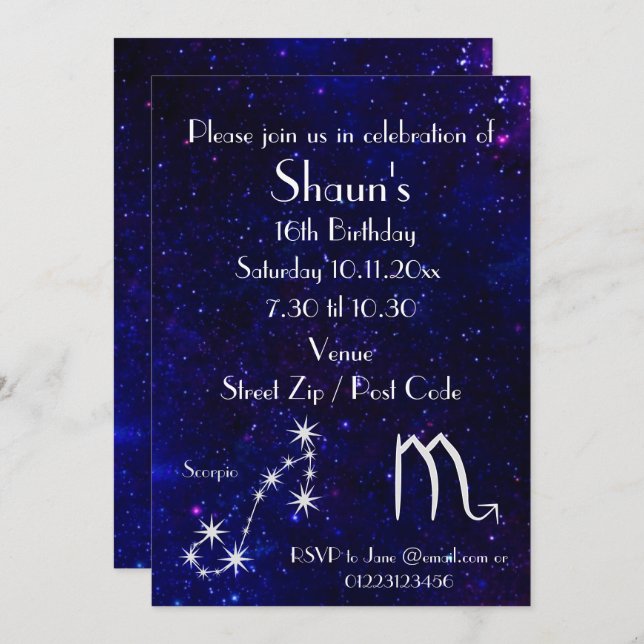 Personlig Scorpio Zodiak Galaxyfest Inbjudningar (Fram/baksida)