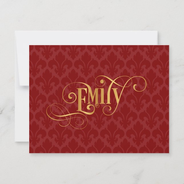 Personlig Script Emily Guld Red Fleur-de-Lis Inbjudningar (Baksida)