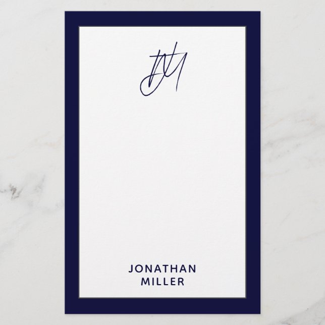 Personlig Script Monogram Navy Blue Brevpapper (Framsida)