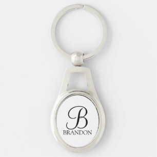 Personlig Script Monogram och Namn Ovalt Silverfärgad Nyckelring