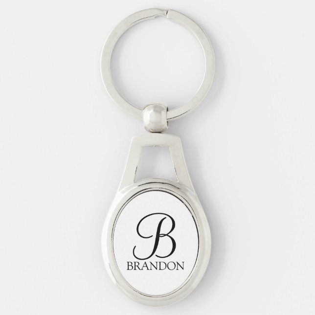Personlig Script Monogram och Namn Ovalt Silverfärgad Nyckelring (Framsidan)