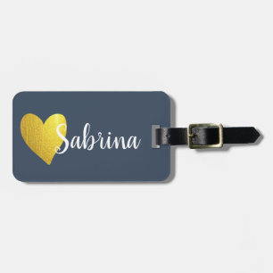 Personlig Script Namn Guld Heart Navy Navy Bagagebricka