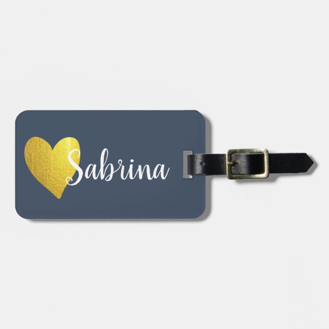 Personlig Script Namn Guld Heart Navy Navy Bagagebricka (Horisontell Framsida)