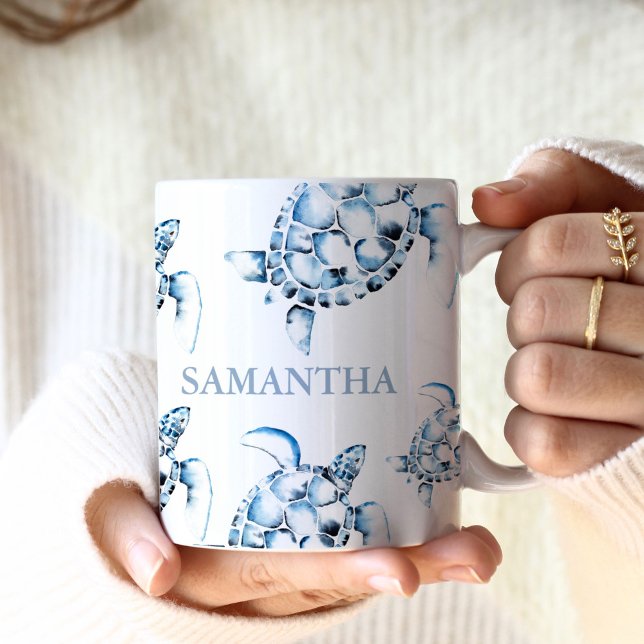 Personlig Sea Turtle Beach Theme Kaffemugg (coffee mug personalized beach sea turtle blue)