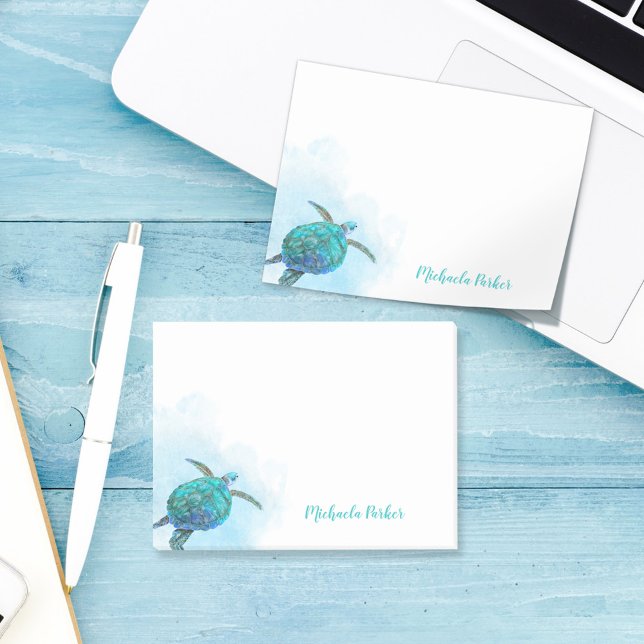 Personlig Sea Turtle Watercolor Aqua Blue Post-it Block (Skapare uppladdad)