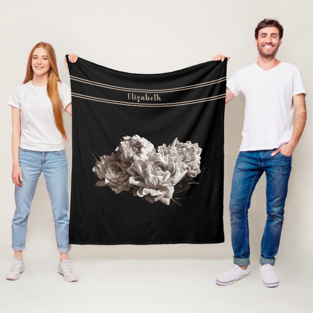 Personlig Sepia Peonies Black Medium Storlek Fleecefilt (På plats)