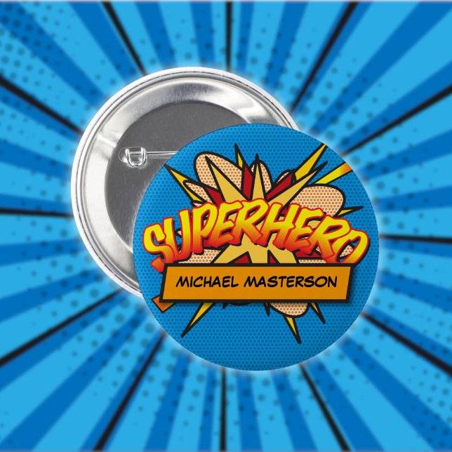 Personlig serietidning Popkonst SUPERHJÄLTE Knapp (Personalized Comic Book Pop Art SUPERHERO Button)