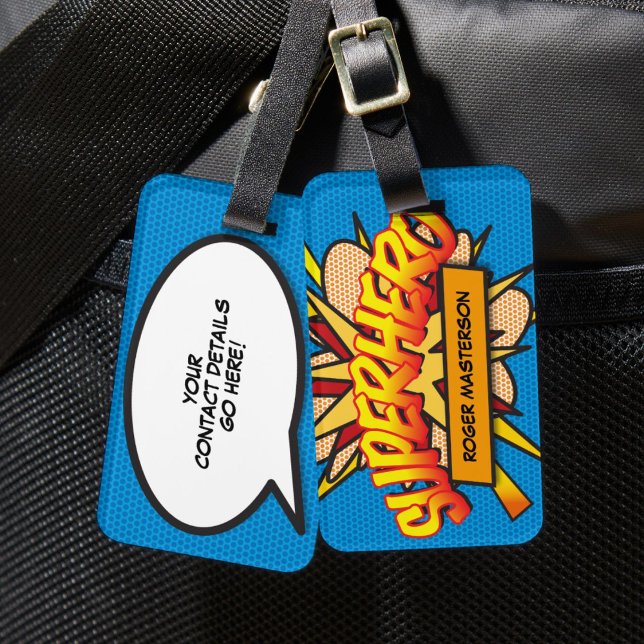 Personlig serietidning SUPERHJÄLTE Kul Modern Bagagebricka (Personalized Comic Book SUPERHERO Fun Modern Luggage Tag)