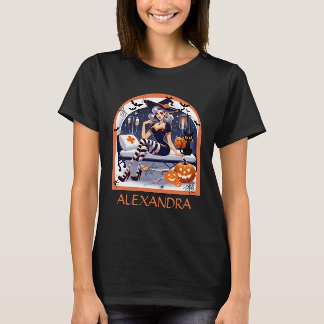 Personlig Sexy Spooky Nurse Halloween fest T Shirt (Framsida)