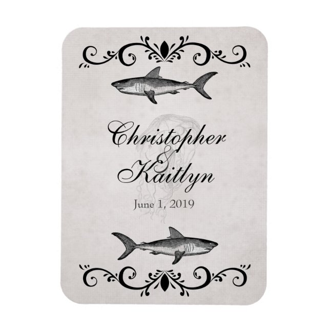 Personlig Shark and Jellyfish Bröllop Magnet (Vertikal)