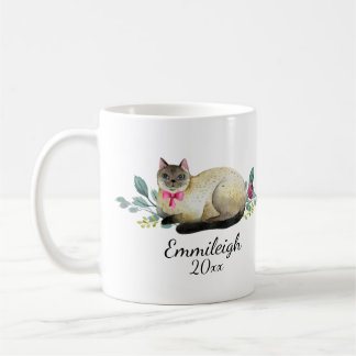 Personlig siamesisk katt lila blommig vit kaffemugg