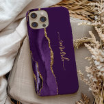 Personlig signatur lila guld agat<br><div class="desc">Anpassa denna eleganta moderna design med ditt namn i vertikal guld-färgad signatur handskrift på en lila bakgrund med en kant av lila akvarell agat med guld falskt glitter. (För att behålla svängarna i början och slutet av namnet,  byt bara bokstäverna och lämna symbolerna på plats.)</div>