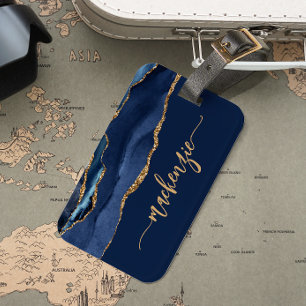 Personlig signatur Navy Blue Gold Agate Bagagebricka