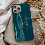 Personlig signatur Tealblå guld Agat<br><div class="desc">Anpassa denna eleganta moderna design med ditt namn i vertikal guldliknande signatur handskrift på en tealblå bakgrund med en kant av tealblå akvarell agat med guld falskt glitter. (För att behålla svängarna i början och slutet av namnet,  byt bara ut bokstäverna och lämna symbolerna på plats.)</div>