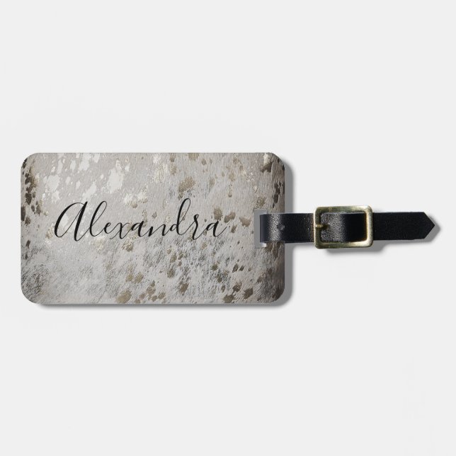 Personlig Silver Cowhide Print Luggage Tag Bagagebricka (Horisontell Framsida)