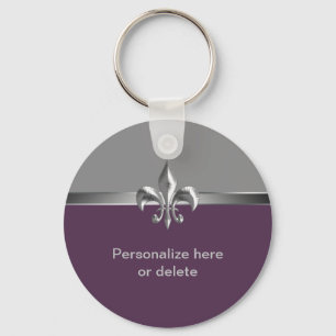 Personlig Silver Eggplant Fleur de Lis Nyckelring