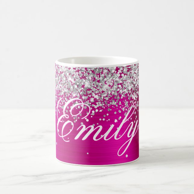 Personlig Silver Glitter Hot Rosa Folie Kaffemugg (Center)