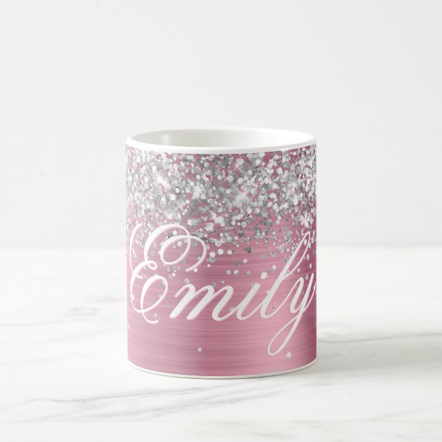 Personlig Silver Glitter Ljus Rosa Folie Kaffemugg (Center)