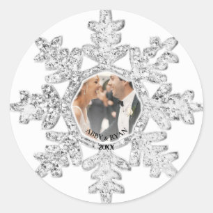 Personlig silver glitter snöflinga fotoframställni runt klistermärke