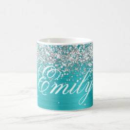 Personlig Silver Glitter Turkos Blå Folie Kaffemugg