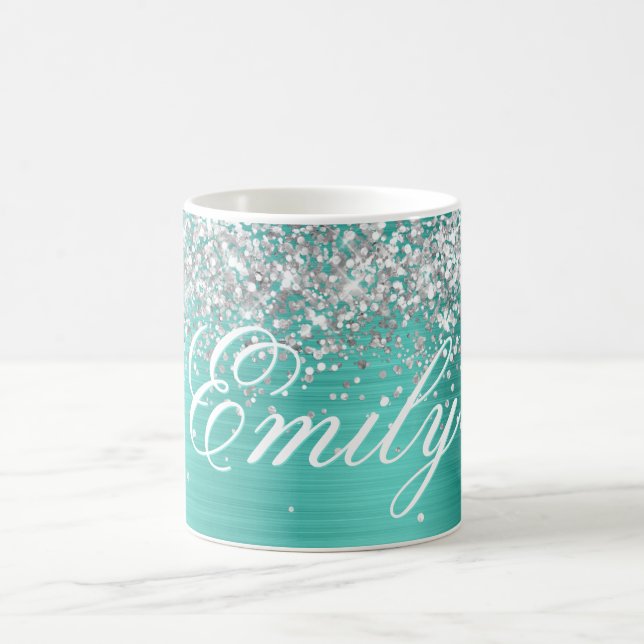 Personlig Silver Glitter Turkos Folie Kaffemugg (Center)
