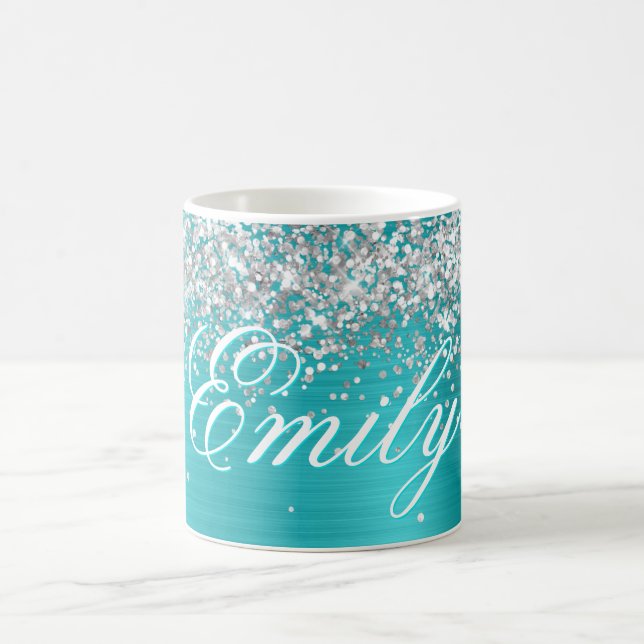 Personlig Silver Glitter Turquise Blue Foil Kaffemugg (Center)