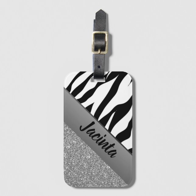 Personlig Silver Glitter Zebra tryck Bagagebricka (Framsida vertikal)