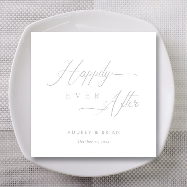 Personlig silver 'Happily Ever After' bröllop Pappersservett (Silver on White Happily Ever After Wedding Napkins)