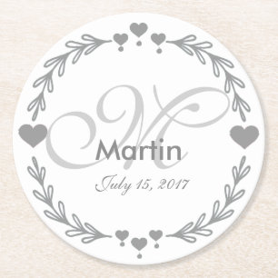 Personlig Silver Heart Wedding Favor Underlägg Papper Rund