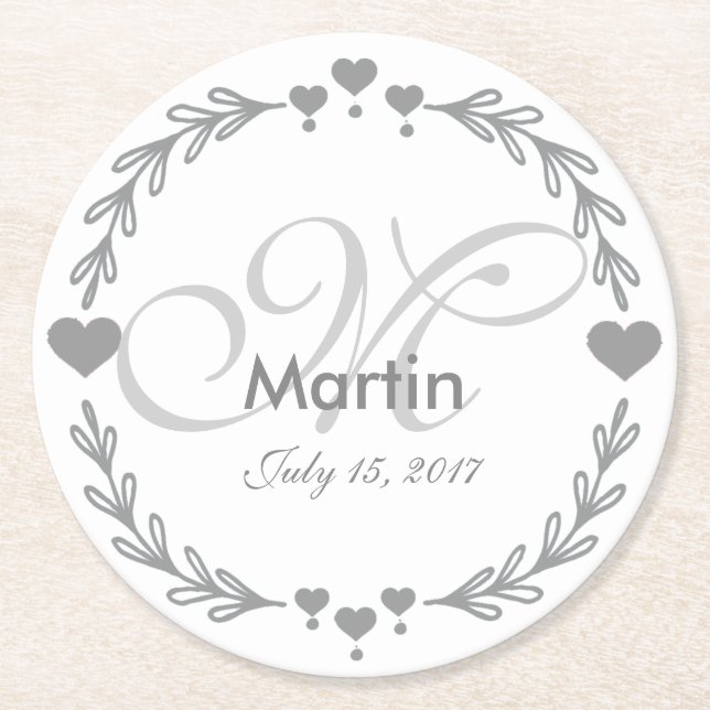 Personlig Silver Heart Wedding Favor Underlägg Papper Rund (Framsidan)