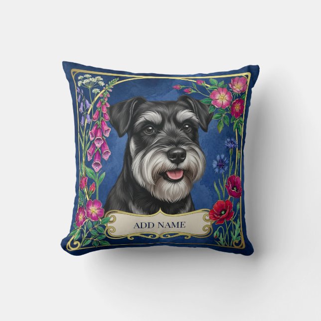 Personlig silver- och svart Schnauzer blå kudde (Framsida)