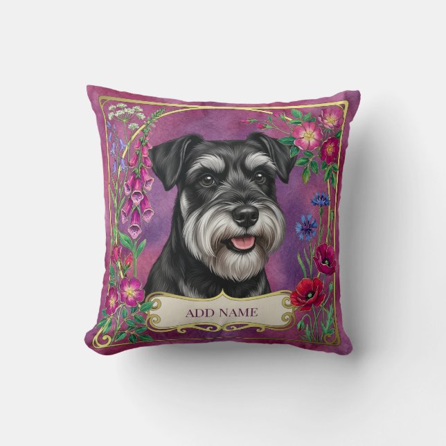Personlig silver och svart Schnauzer rosa kudde (Framsida)
