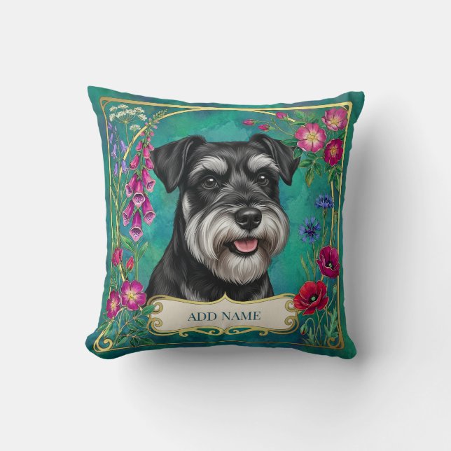 Personlig silver- och svart Schnauzer teal kudde (Framsida)