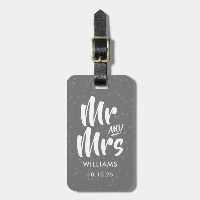 Personlig silver stjärnkonfetti Mr och Mrs Bagagebricka (Vertikal Framsida)