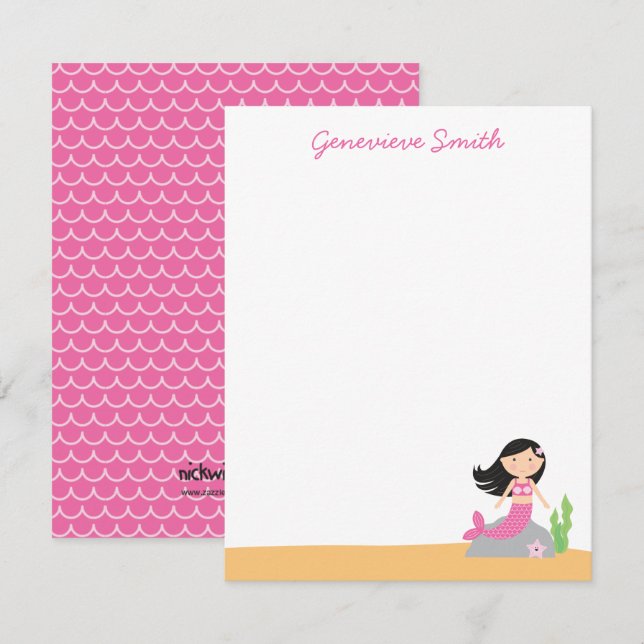 Personlig Sjöjungfru Stationery | Black Hair-Rosa Inbjudningar (Fram/baksida)