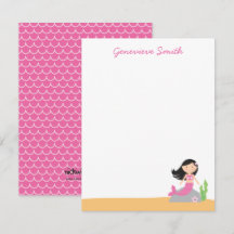Personlig Sjöjungfru Stationery | Black Hair-Rosa