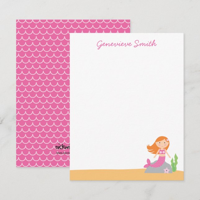 Personlig Sjöjungfru Stationery | Red Hair | ROSA Inbjudningar (Fram/baksida)