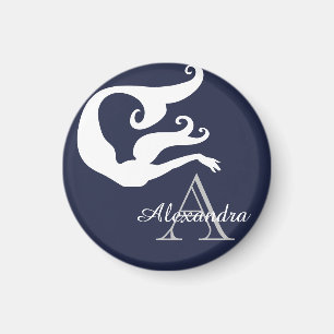 Personlig Sjöjungfru Vita marinblå monogrammet Magnet
