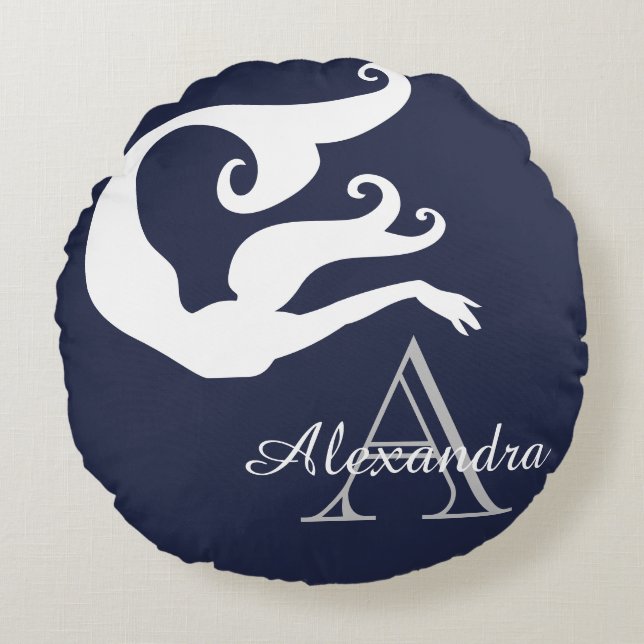 Personlig Sjöjungfru Vita marinblå monogrammet Rund Kudde (Framsidan)