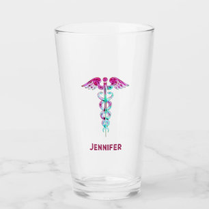 Personlig Sjuksköterska Retro Rosa Teal Caduceus Glaskopp