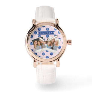 Personlig skålsgave med blåbär vattenfärg design o armbandsur